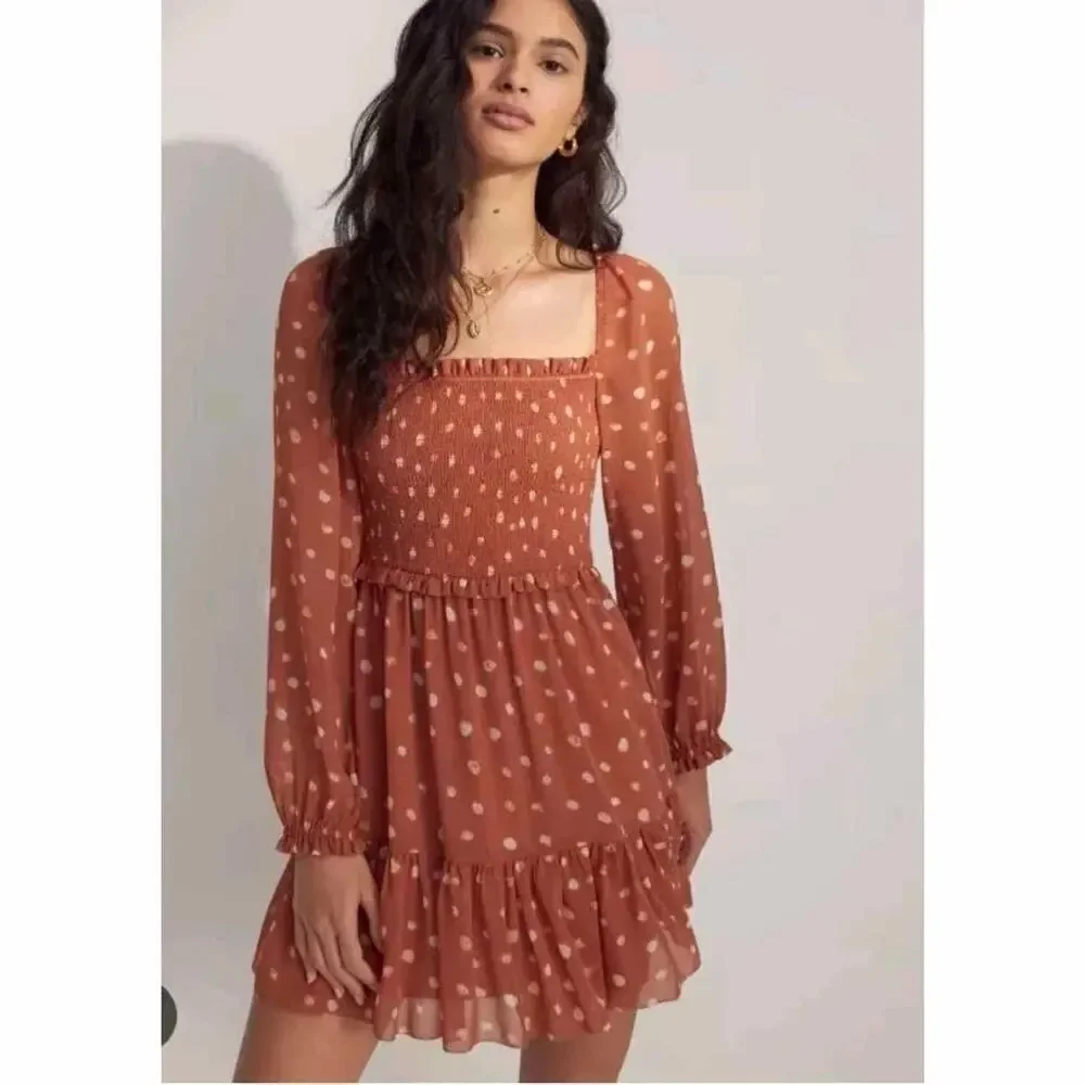 Wilfred Aritzia Tempest Chiffon Smocked Tier Polka Dot Mini Dress Large